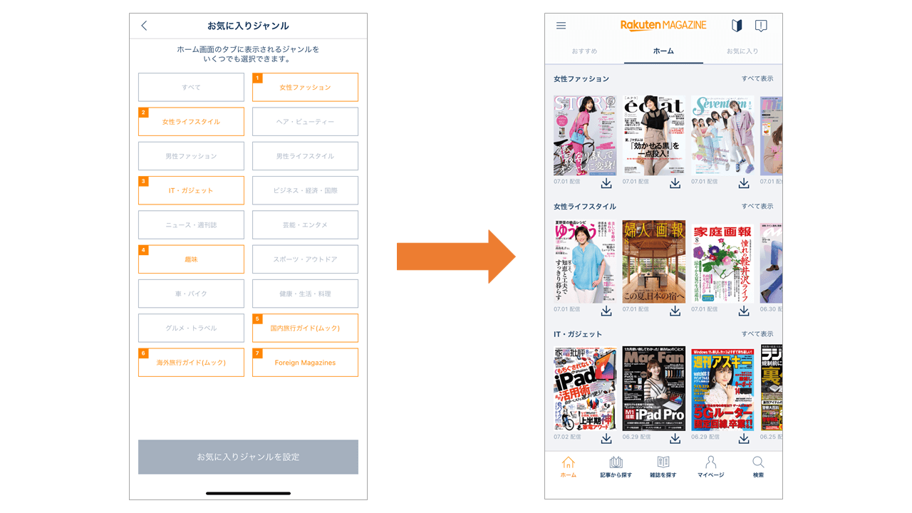 楽天マガジン ホーム画面 お気に入りジャンル設定