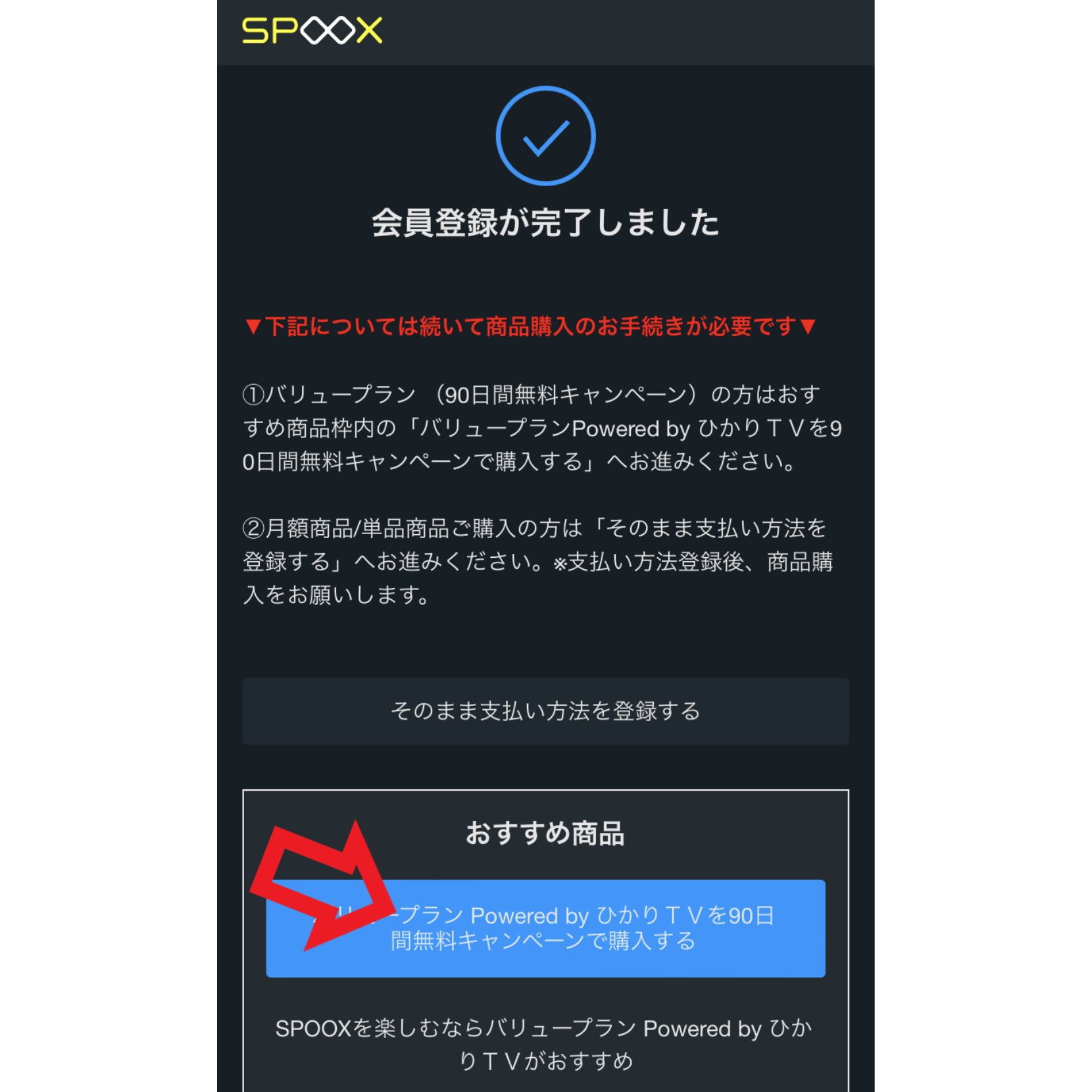 登録手順6．「バリュープラン Powered by ひかりTVを90日間無料キャンペーンで購入する」をクリックする