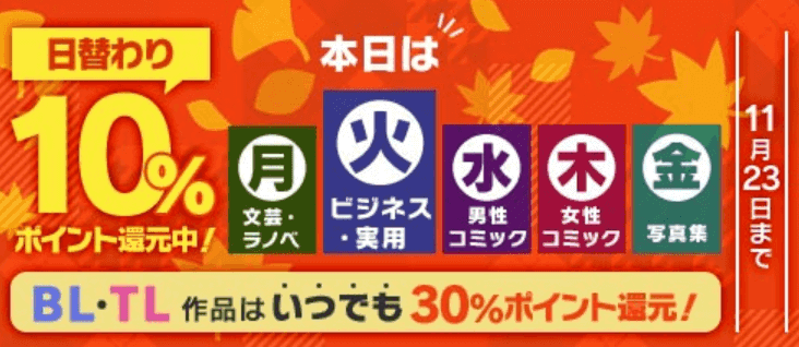 DMMブックス2022秋日替わりフロア還元セール 10~30%ポイント還元