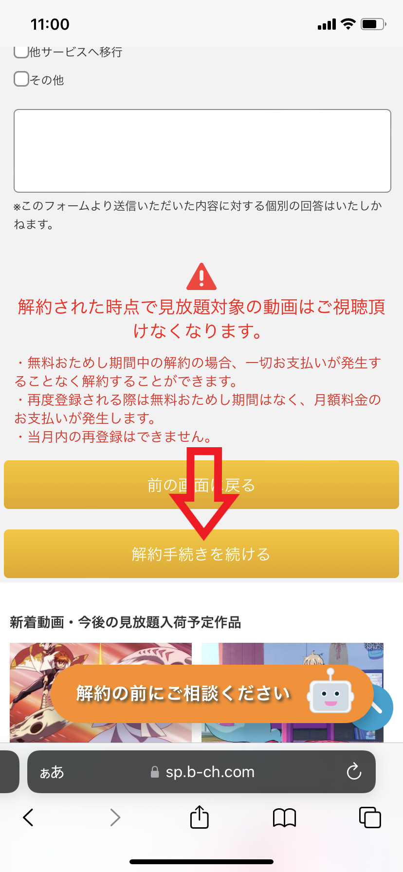 解約手順5．「解約手続きを続ける」をタップする