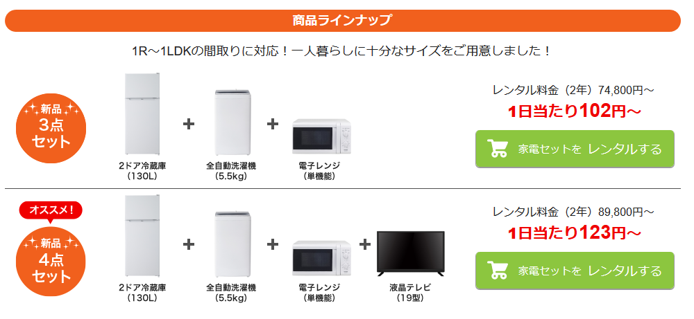 一人暮らし家電セットレンタル
