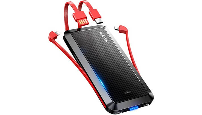 4ケーブル内蔵 & 急速充電対応】 モバイルバッテリー 大容量 10000mAh 軽量 最大2A出力 (Micro USBType-CLightning出力ケーブル) スマホ充電器 PSE認証済 持ち運び便利 災害旅行出張停電対策緊急用必携 防災グッズ iPhone&Android&USB-C機種対応