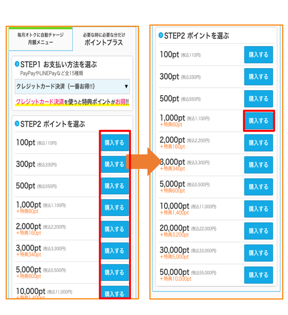 希望する月額メニューをタップする(画像では、「1000pt」)