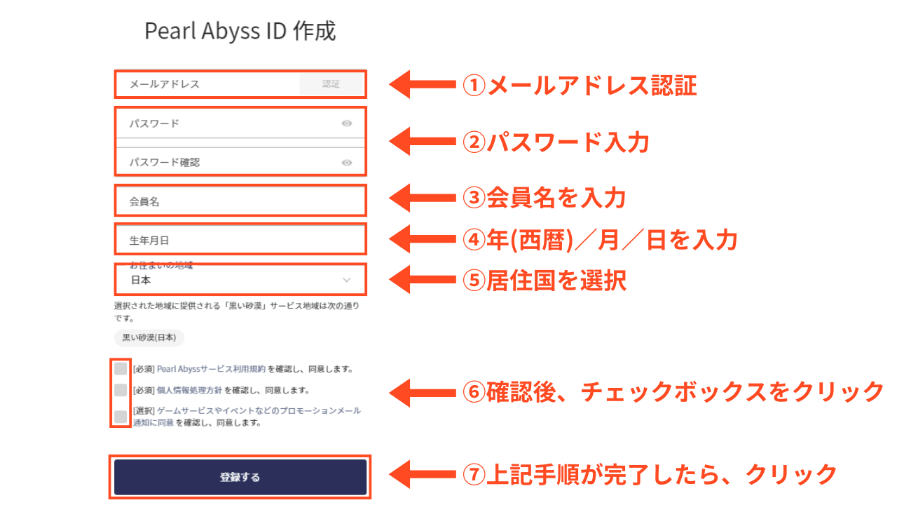 黒い砂漠の登録画面